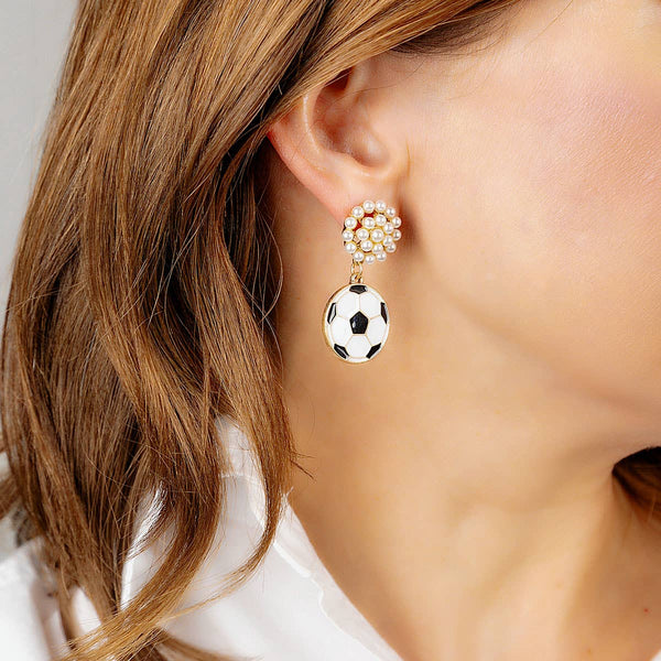 Soccer Ball Pearl Cluster Enamel Drop Earrings in Black & Wh