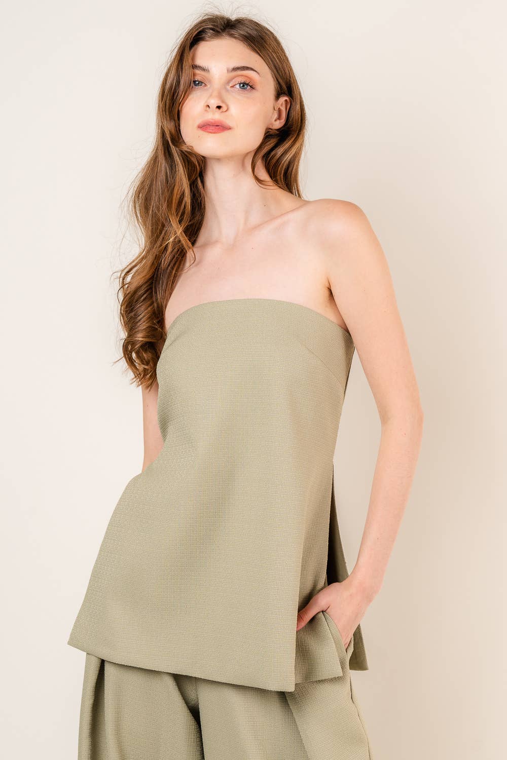 Francis Front Pleat Tailored Pant or Strapless Woven Side Slit Top -OLIVE or IVORY