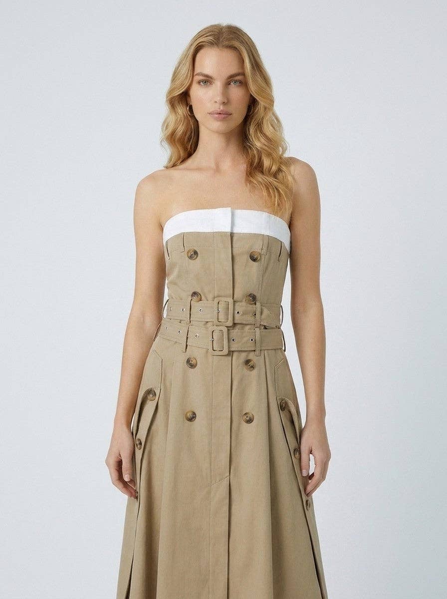 Strapless Trench Style Midi Dress with Double Belt Detail: Beige / S