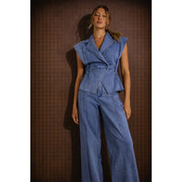 ATHENA STRETCH COLLARED TOP AND PANTS SET in DENIM