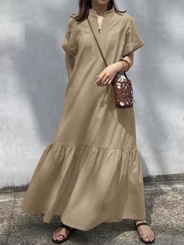 A-Line Loose Solid Color Split-Joint V-Neck Maxi Dresses: KHAKI / S