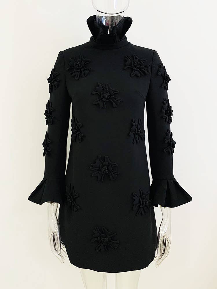 Violet Handmade Three-dimensional Flower Bell Sleeve Dress