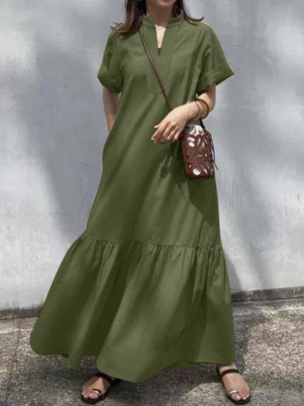 A-Line Loose Solid Color Split-Joint V-Neck Maxi Dresses: KHAKI / S
