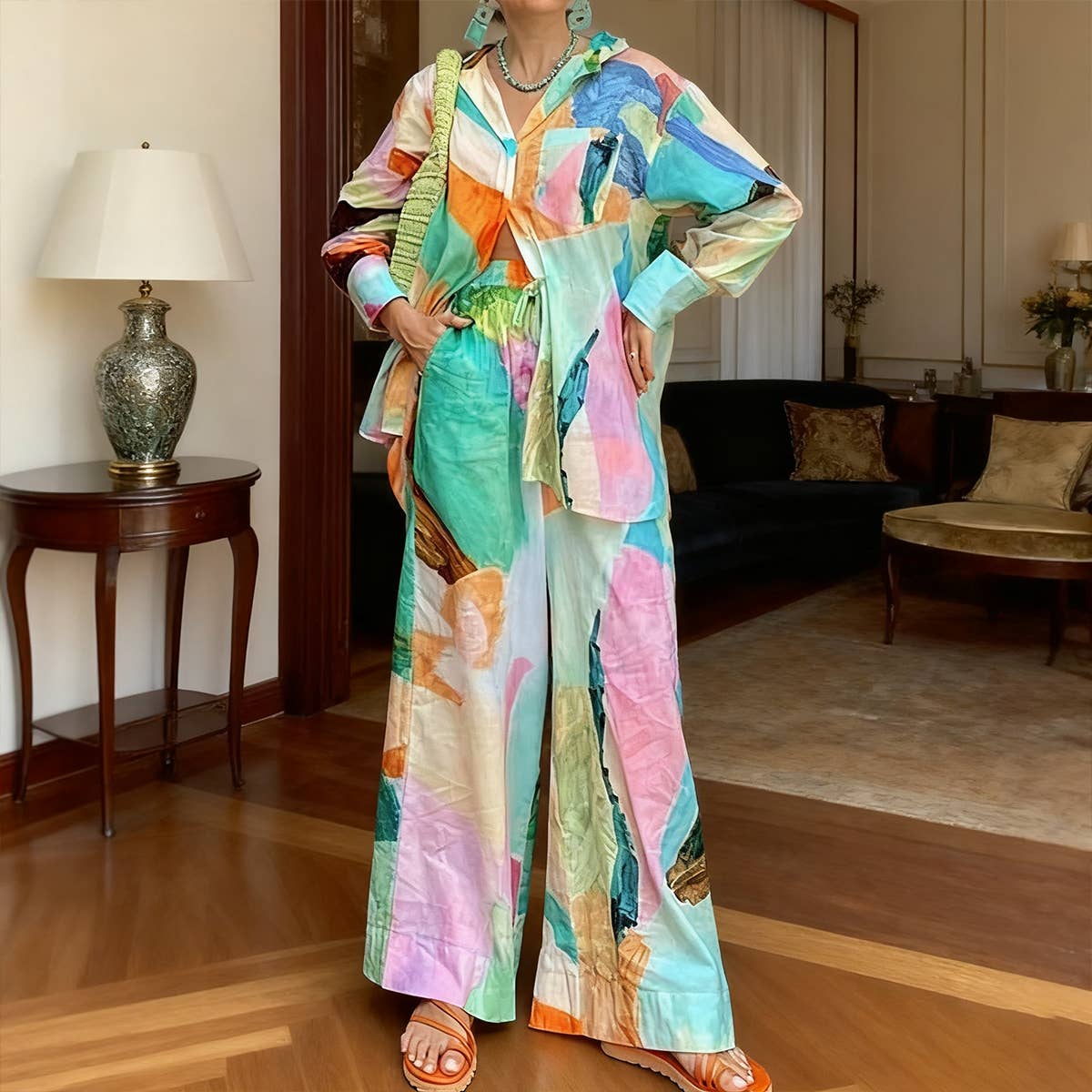 Fashion printed shirt, loose long-sleeved suit: MULTICOLOR / (L) 1