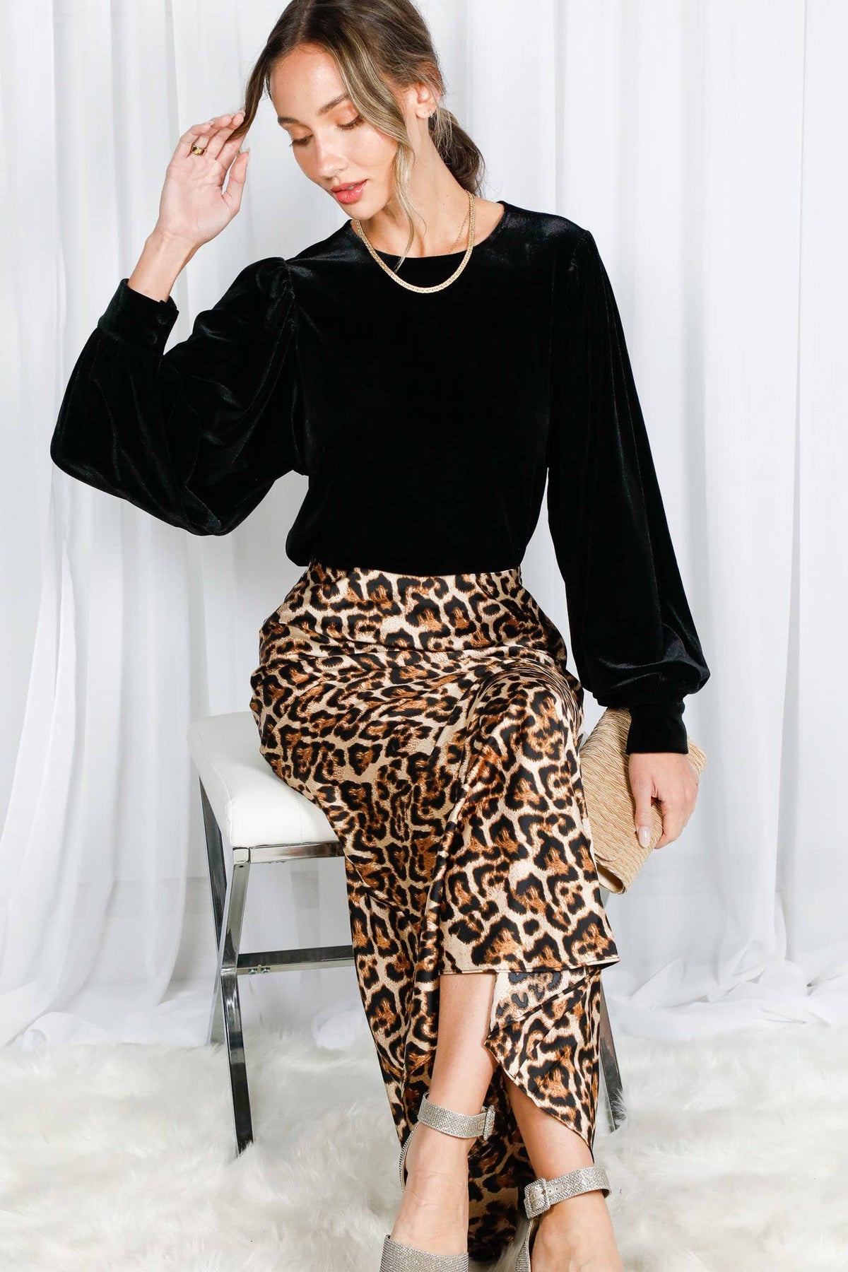 Henley Neck Elastic Smocked Leopard Print Blouse or  Leopard Print Bias Cut Satin Maxi Skirt