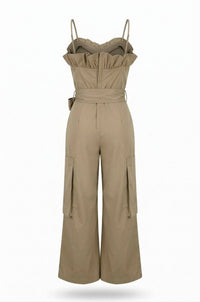 Off Shoulder Trench Style Cargo Jumpsuit: L