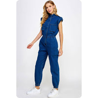 Kyra High Neck Sleeveless Denim Jumpsuit: Denim and Black Denim