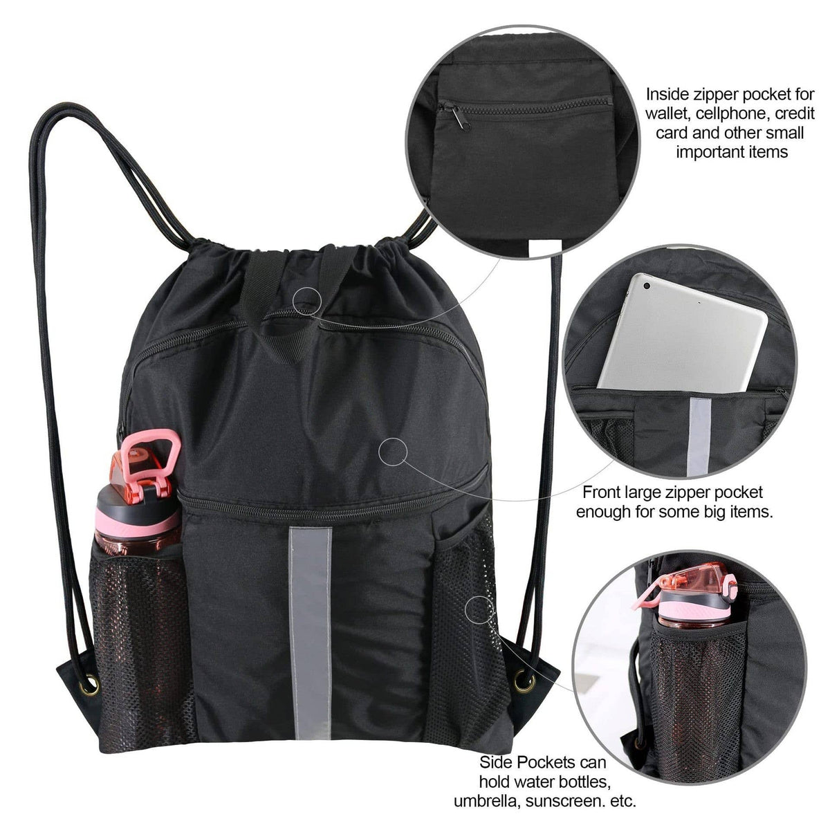 Drawstring Bag with Water Bottle Holder and Pockets Gym Bag: Black
