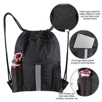 Drawstring Bag with Water Bottle Holder and Pockets Gym Bag: Black