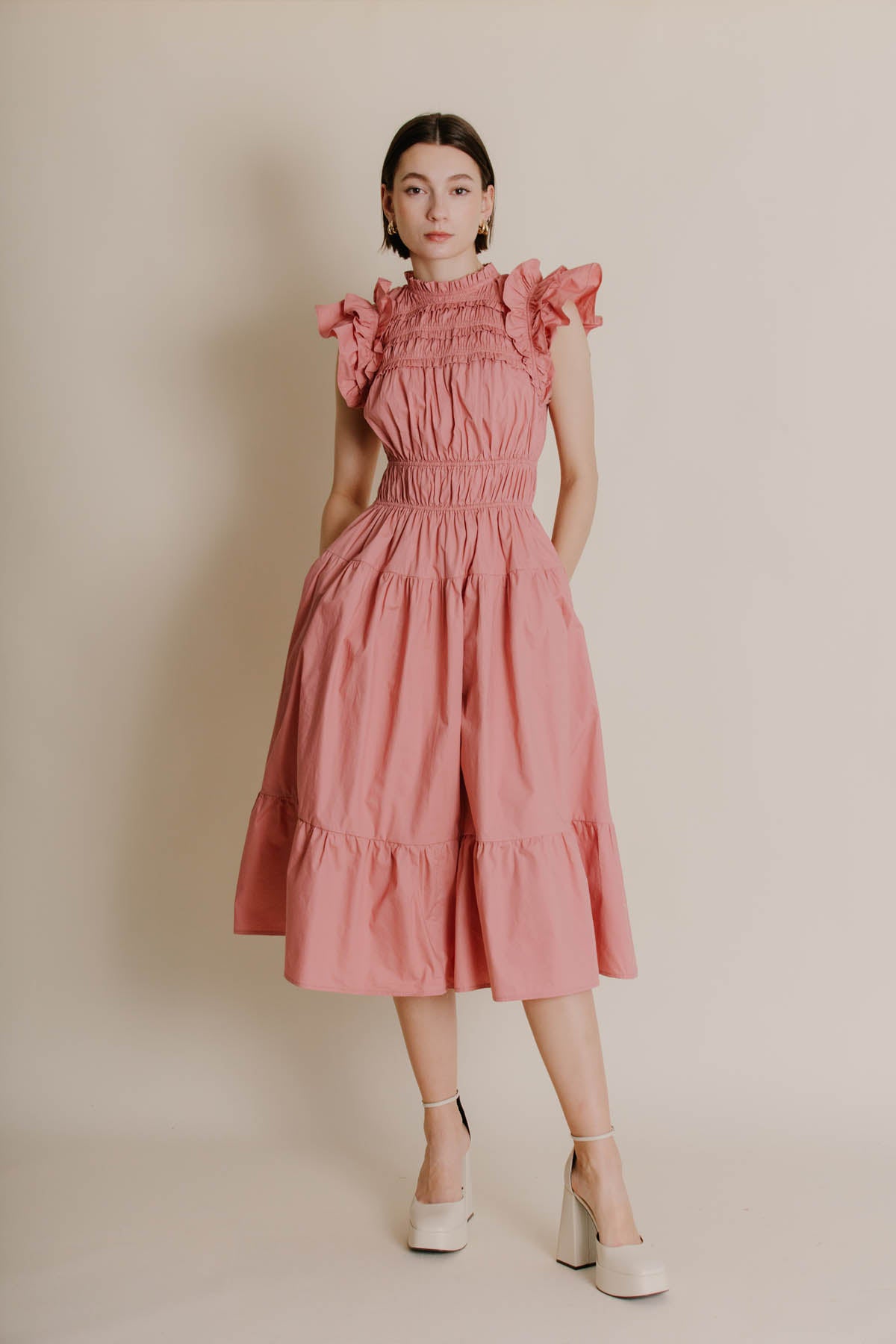 Christy SMOCKED FLUTTER SLEEVE MIDI DRESS
