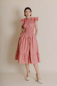 Christy SMOCKED FLUTTER SLEEVE MIDI DRESS