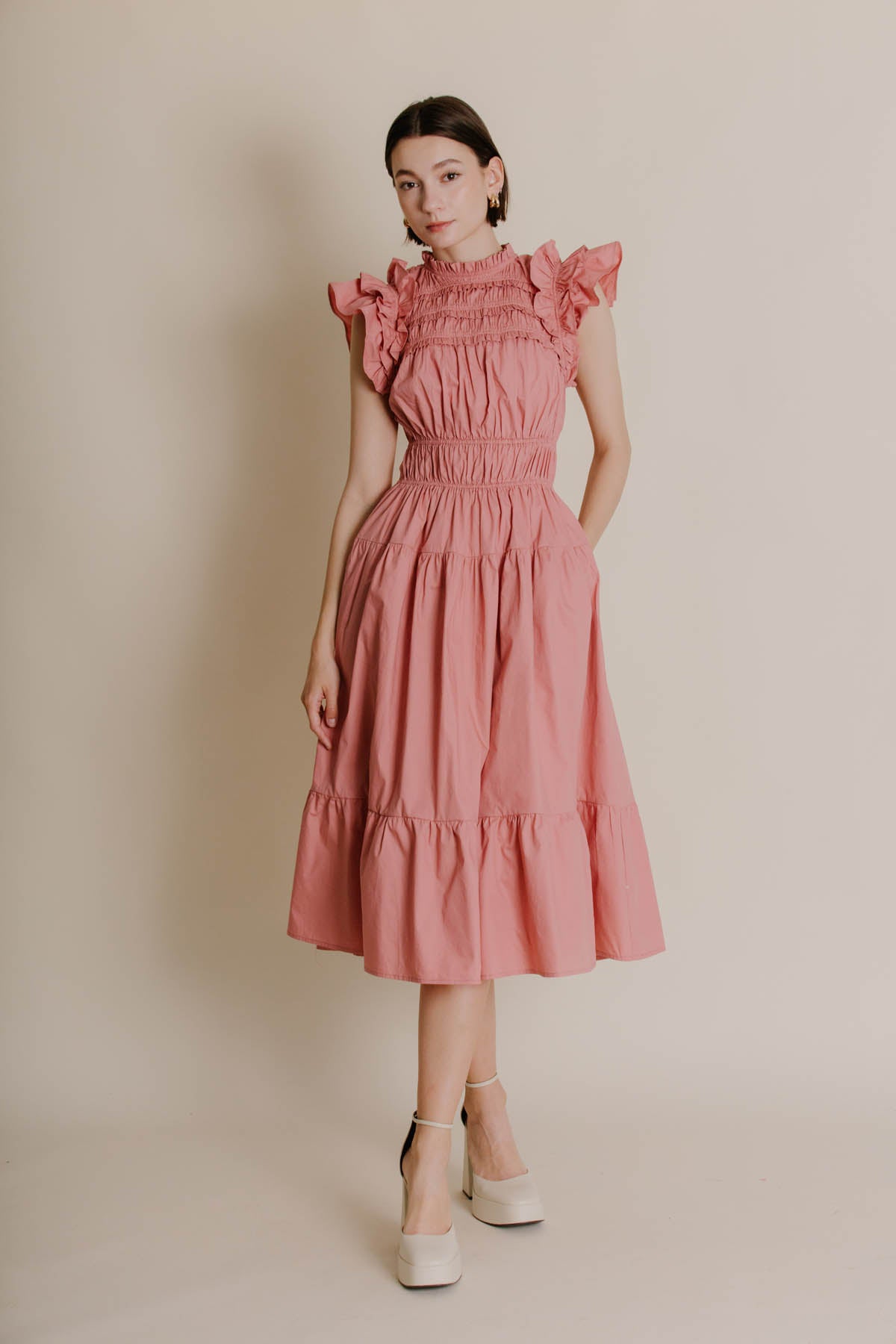 Christy SMOCKED FLUTTER SLEEVE MIDI DRESS