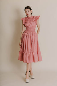 Christy SMOCKED FLUTTER SLEEVE MIDI DRESS