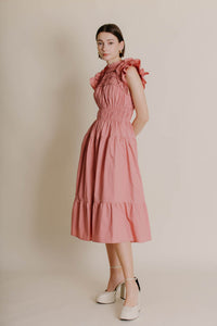 Christy SMOCKED FLUTTER SLEEVE MIDI DRESS