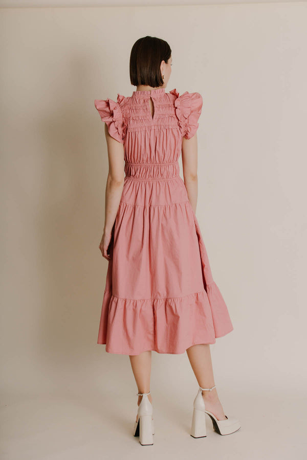 Christy SMOCKED FLUTTER SLEEVE MIDI DRESS