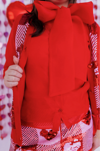Red Button Down Blouse with Bow