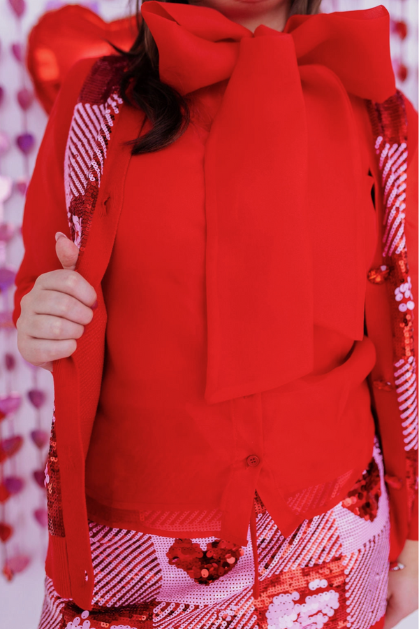 Briana Cannon Red Button Down Blouse with Bow