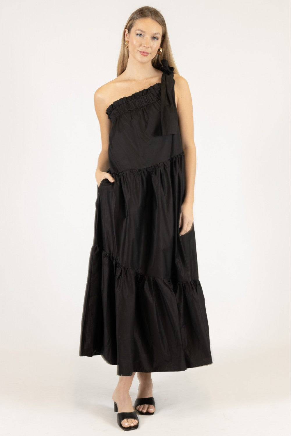 black dress with ruffle bottom Azazie Floor-Length Maxi Dresses A-Line Wedding Guest Semi-Formal Dresses V Neck Ruffles The Romance Ruffle Dress is a floor length slip dress that drapes in the most flattering way What A Vision Black Ruffled