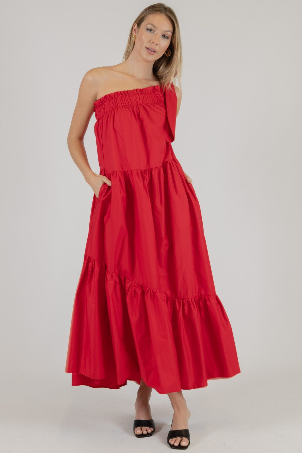 Emily Poplin One Shoulder Ruffle Bottom Maxi Dress