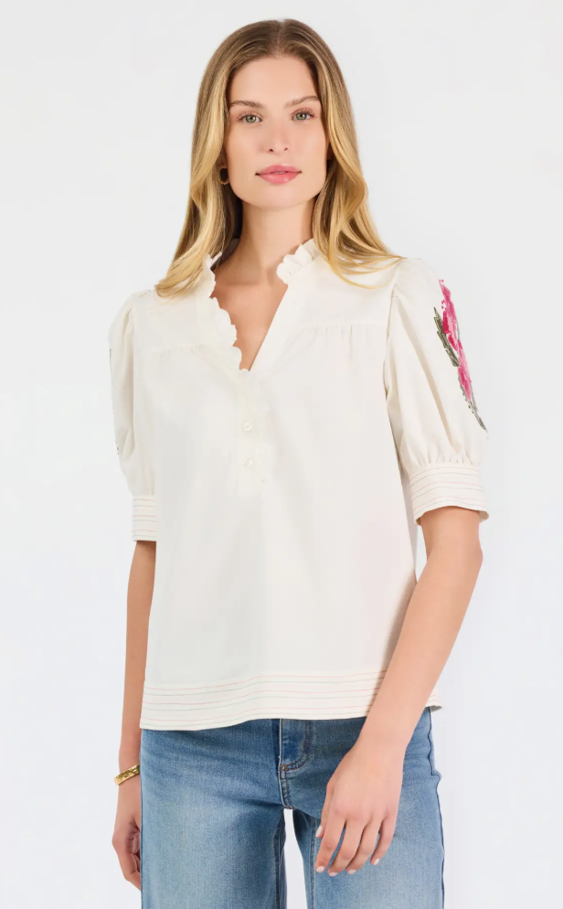 Mary Square Emmie Embroidered Top | Ivory