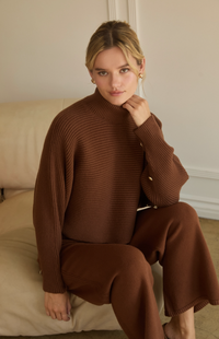 Fiona Asymmetrical Button-Sleeve Ribbed Mock Neck Sweater Top