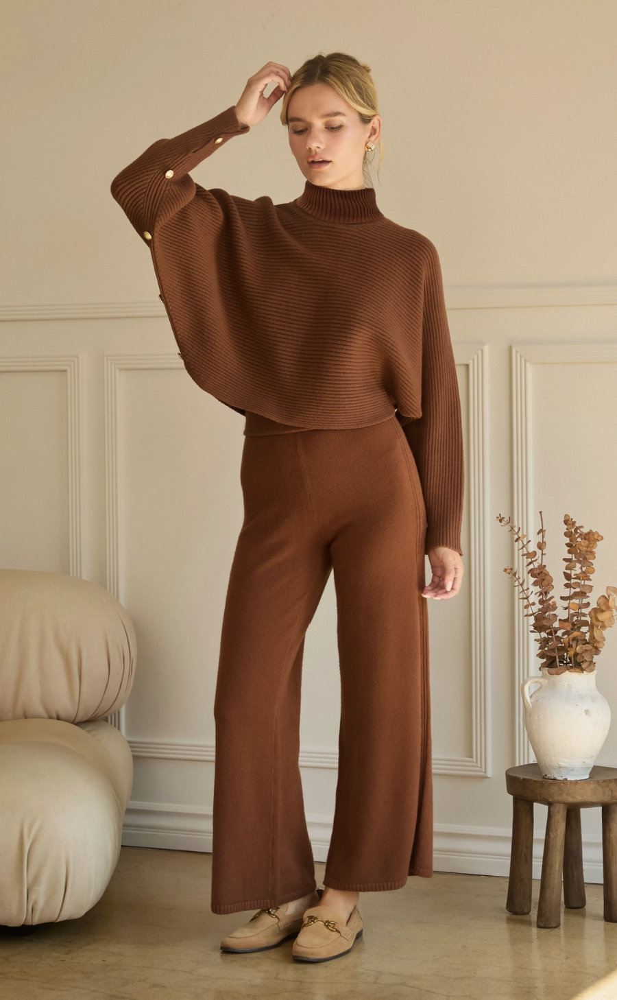 Fiona Asymmetrical Button-Sleeve Ribbed Mock Neck Sweater Top