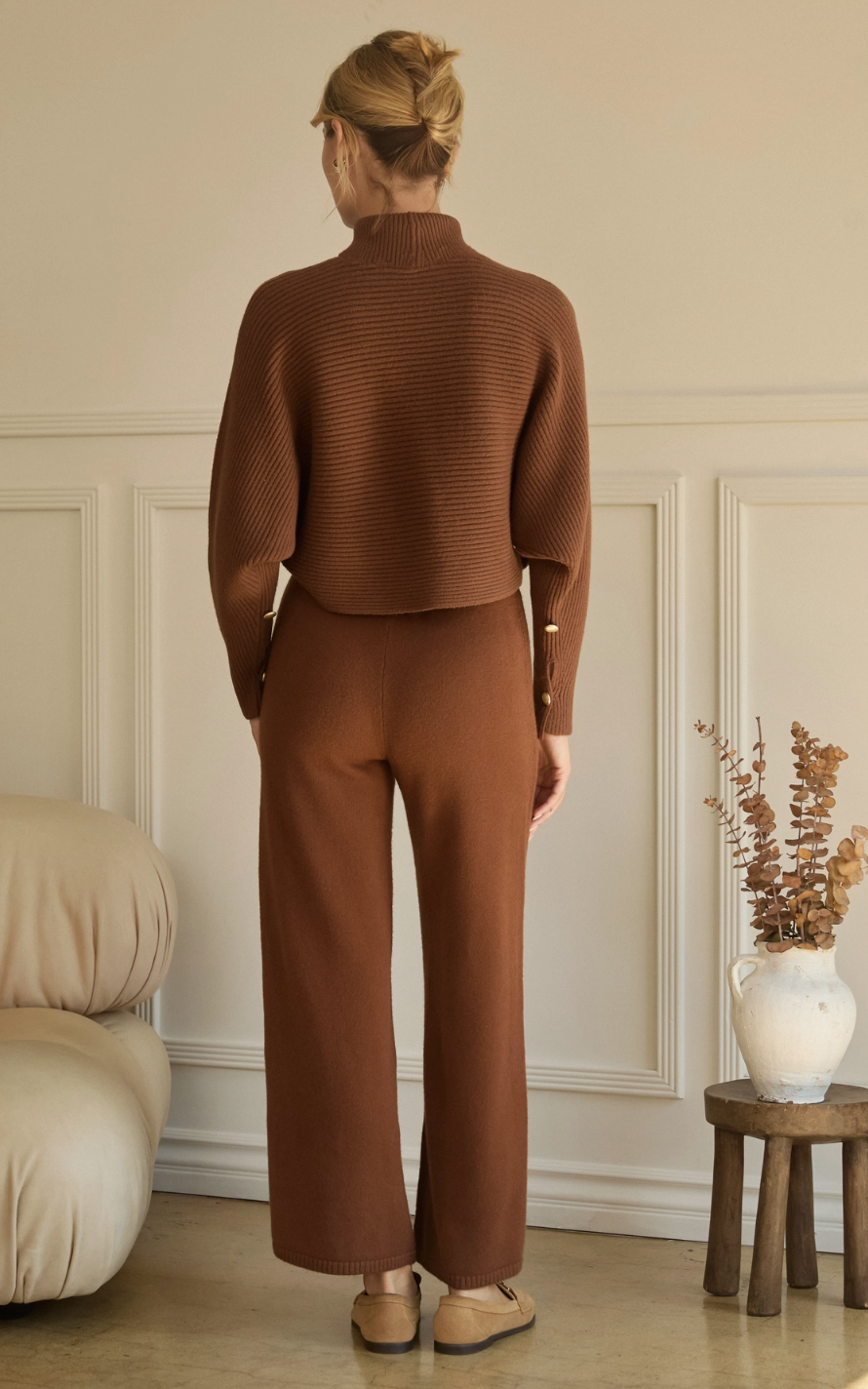 Fiona Asymmetrical Button-Sleeve Ribbed Mock Neck Sweater Top