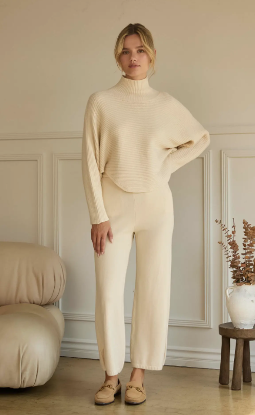 Fiona Asymmetrical Button-Sleeve Ribbed Mock Neck Sweater Top