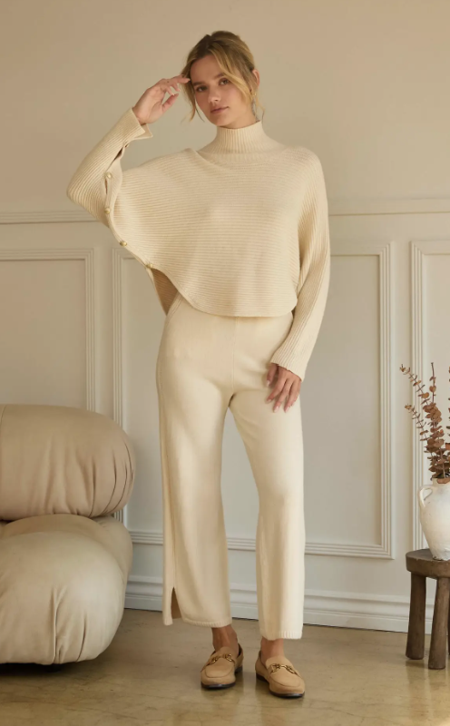 Fiona Asymmetrical Button-Sleeve Ribbed Mock Neck Sweater Top