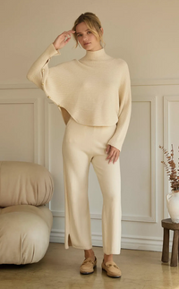 Fiona Asymmetrical Button-Sleeve Ribbed Mock Neck Sweater Top