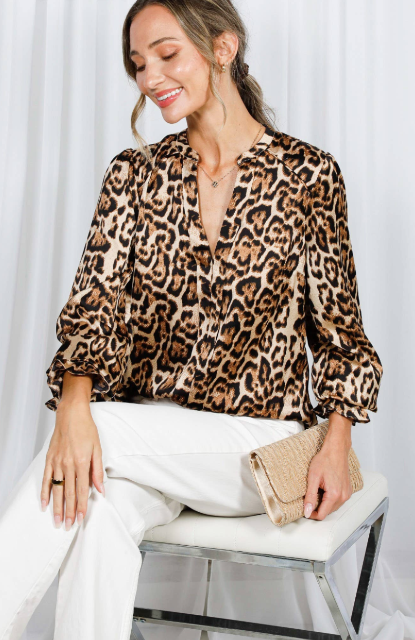 Henley Neck Elastic Smocked Leopard Print Blouse or  Leopard Print Bias Cut Satin Maxi Skirt