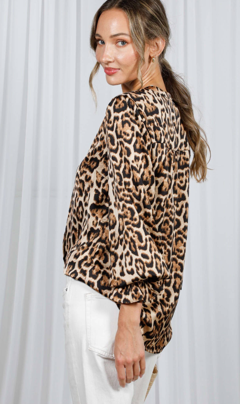 Henley Neck Elastic Smocked Leopard Print Blouse or  Leopard Print Bias Cut Satin Maxi Skirt