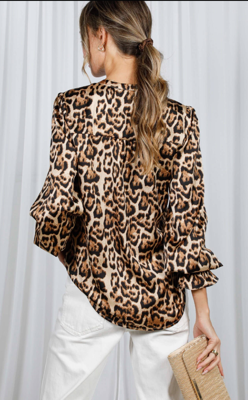 Henley Neck Elastic Smocked Leopard Print Blouse or  Leopard Print Bias Cut Satin Maxi Skirt