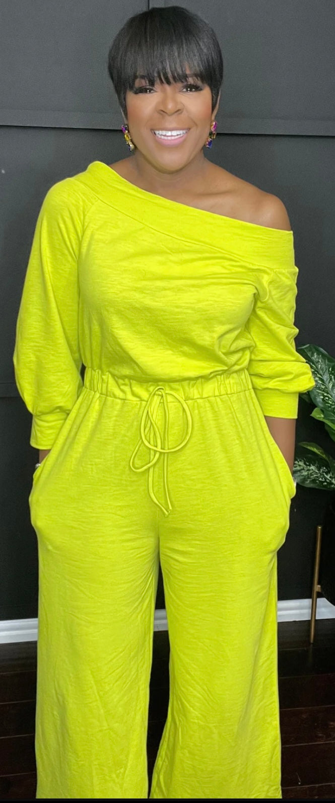 Melinda One Shoulder Terry Jumpsuit Dark Gray or Lime