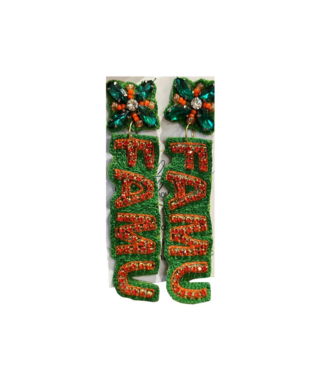 Green and Orange FAMU Stitched and Jeweled Earrings