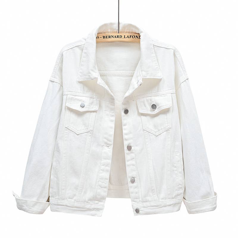 Solid color slim cropped denim jacket casual jacket: White / (S) 1