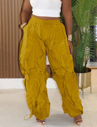 Ruched Drawstring Trousers Wide-Leg Parachute Pants: Green / S