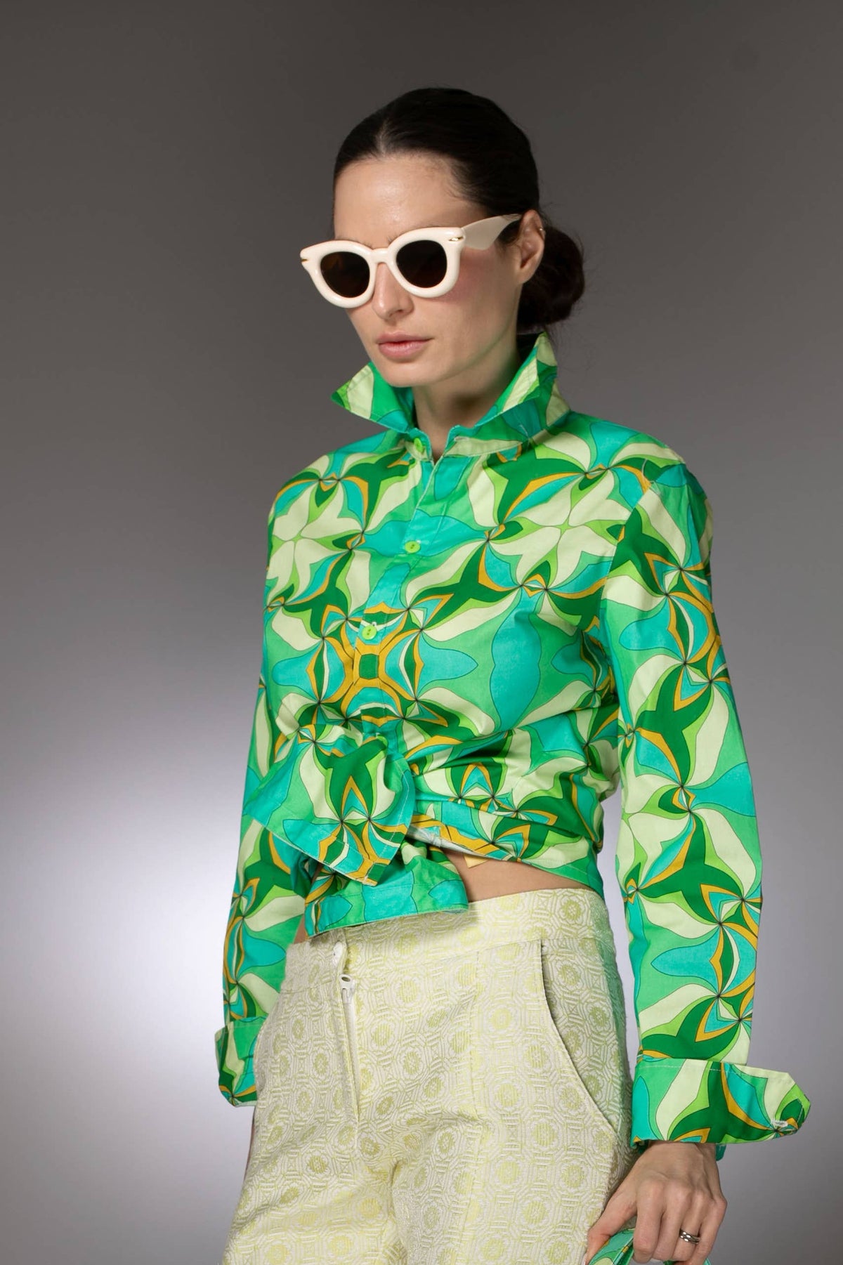 Green Swirl Cotton Long Sleeve Shirt  : Multi / S