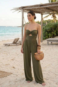 Strapless Twist Front Wide Leg Jumpsuit: Olive / M