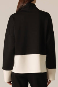 P. CILL Butter Modal Color Block Mock Neck Top: Black-Ivory
