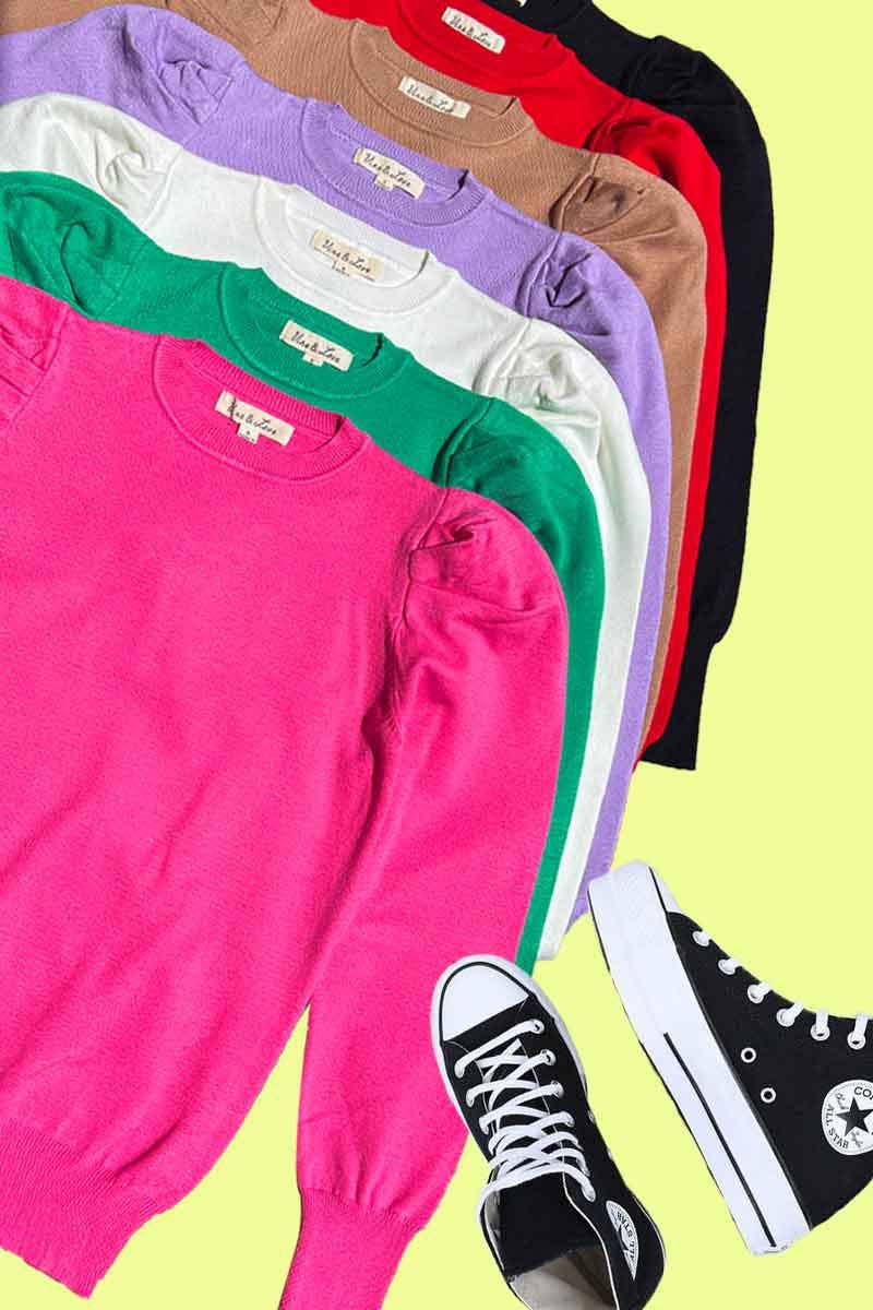 Carole Crew Neck Puff Long-Sleeve Knitted Sweater Top