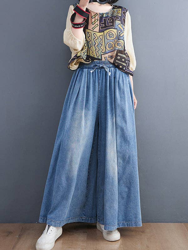 Kennedy Simple Casual Loose Wide Leg Drawstring Jean Pants