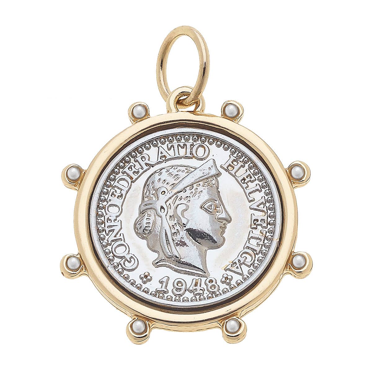 CANVAS STYLE CHARM BAR-Studded Coin Charm in Shiny Two Tone