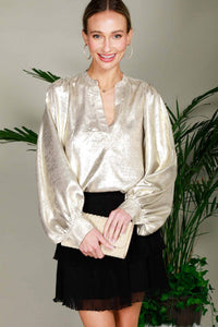 Henley Neck Long Balloon Sleeve Metallic Blouse Top  Metallic Gold