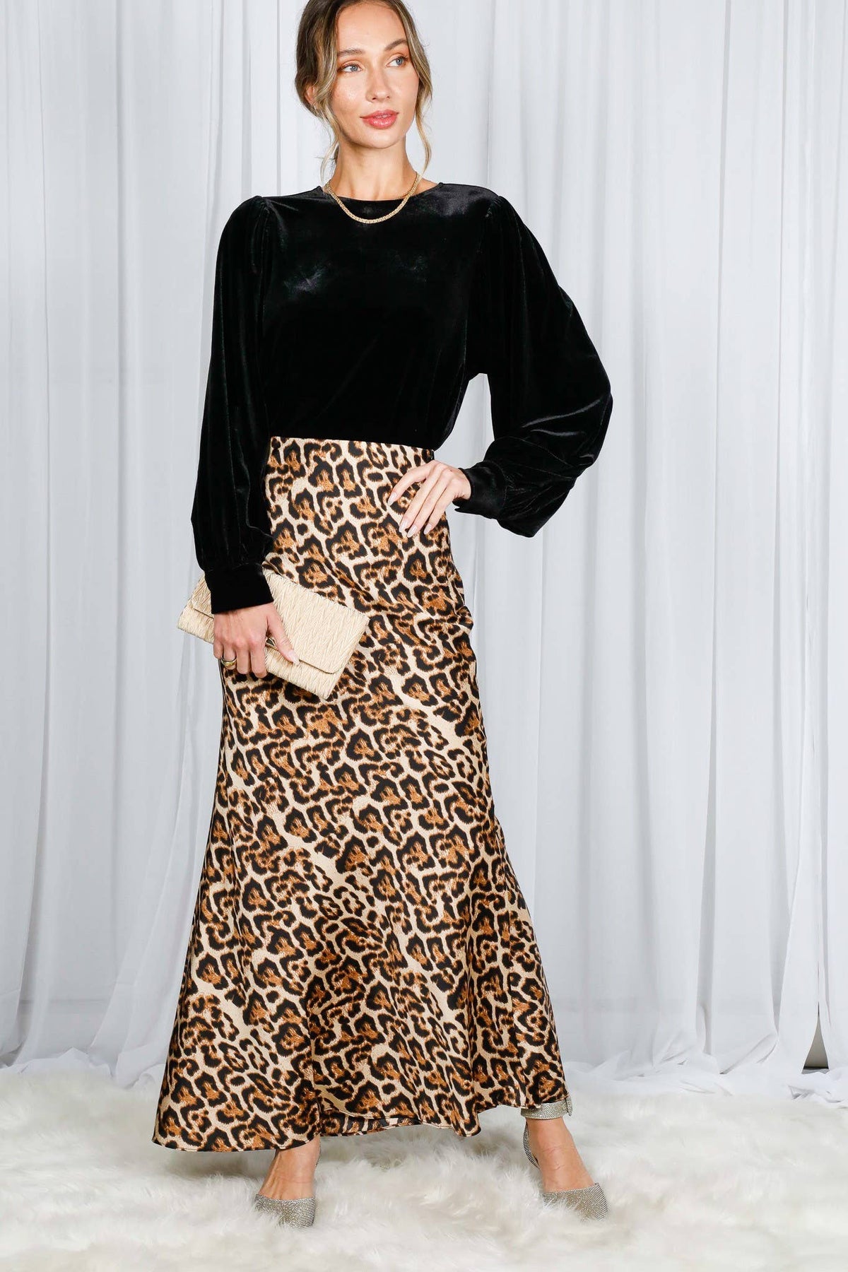 Henley Neck Elastic Smocked Leopard Print Blouse or  Leopard Print Bias Cut Satin Maxi Skirt