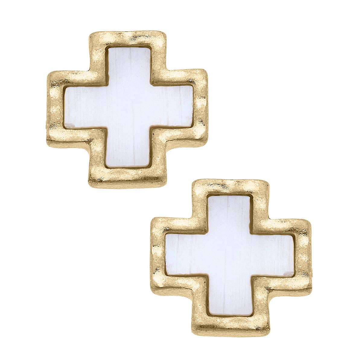 Bethany Cross Mother of Pearl Stud Earrings in Worn Gold