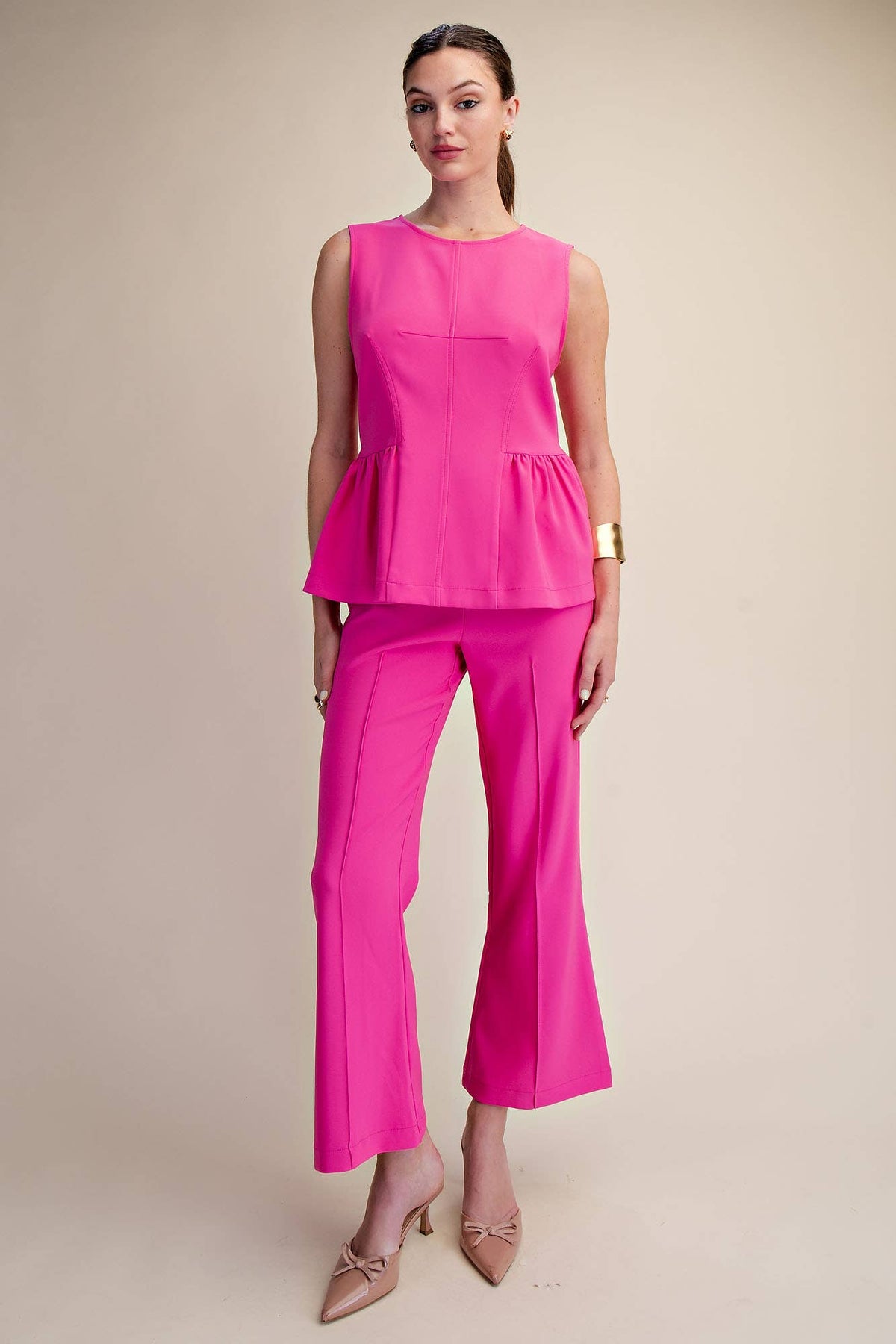 High Waist Stitch Pleats Flare Crop Stretchy Pants: Pink / M