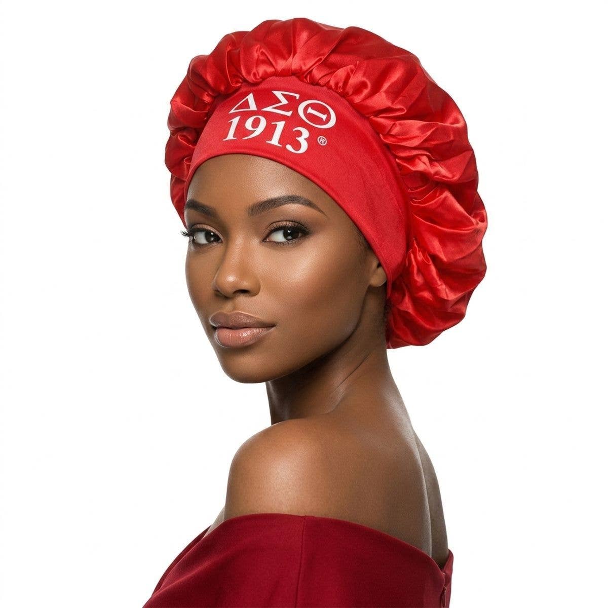 DST Red Silky Satin & Contrast Band Sleep Bonnet: Red and White / Multi Tone / Stretch to Fit
