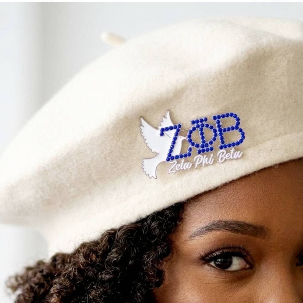 Zeta Phi Beta White Dove Rhinestone Brooch Pin: Blue and White / Rhodium / 1.65 x 2.75 inches