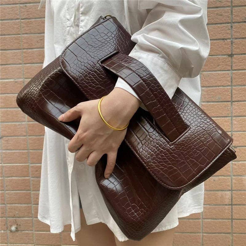 Crocodile Print Clutch With Wrist Strap: COFFEE